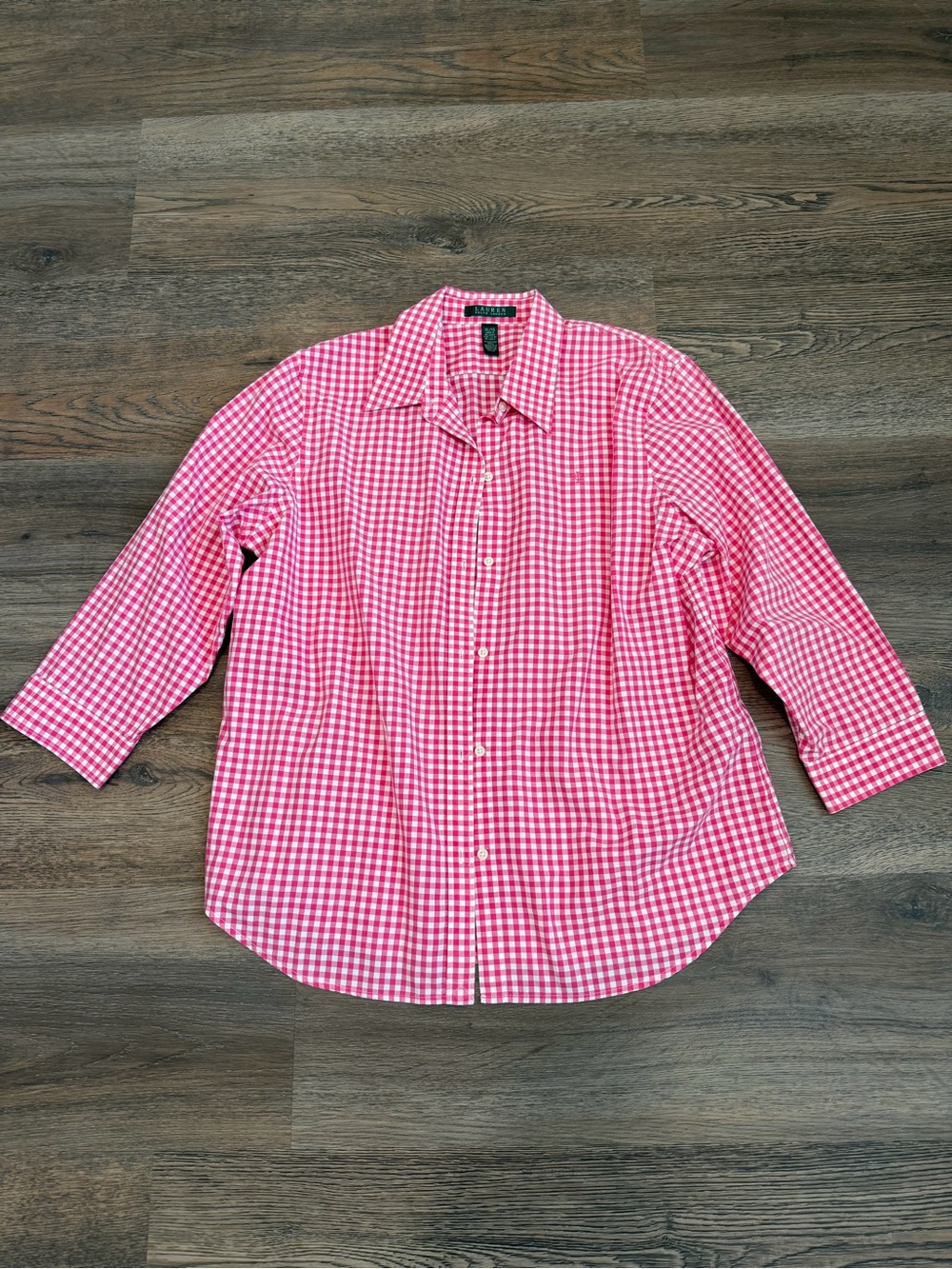 Lauren Ralph Lauren Pink Gingham Button Up Shirt Womens XL 3/4 Sleeve